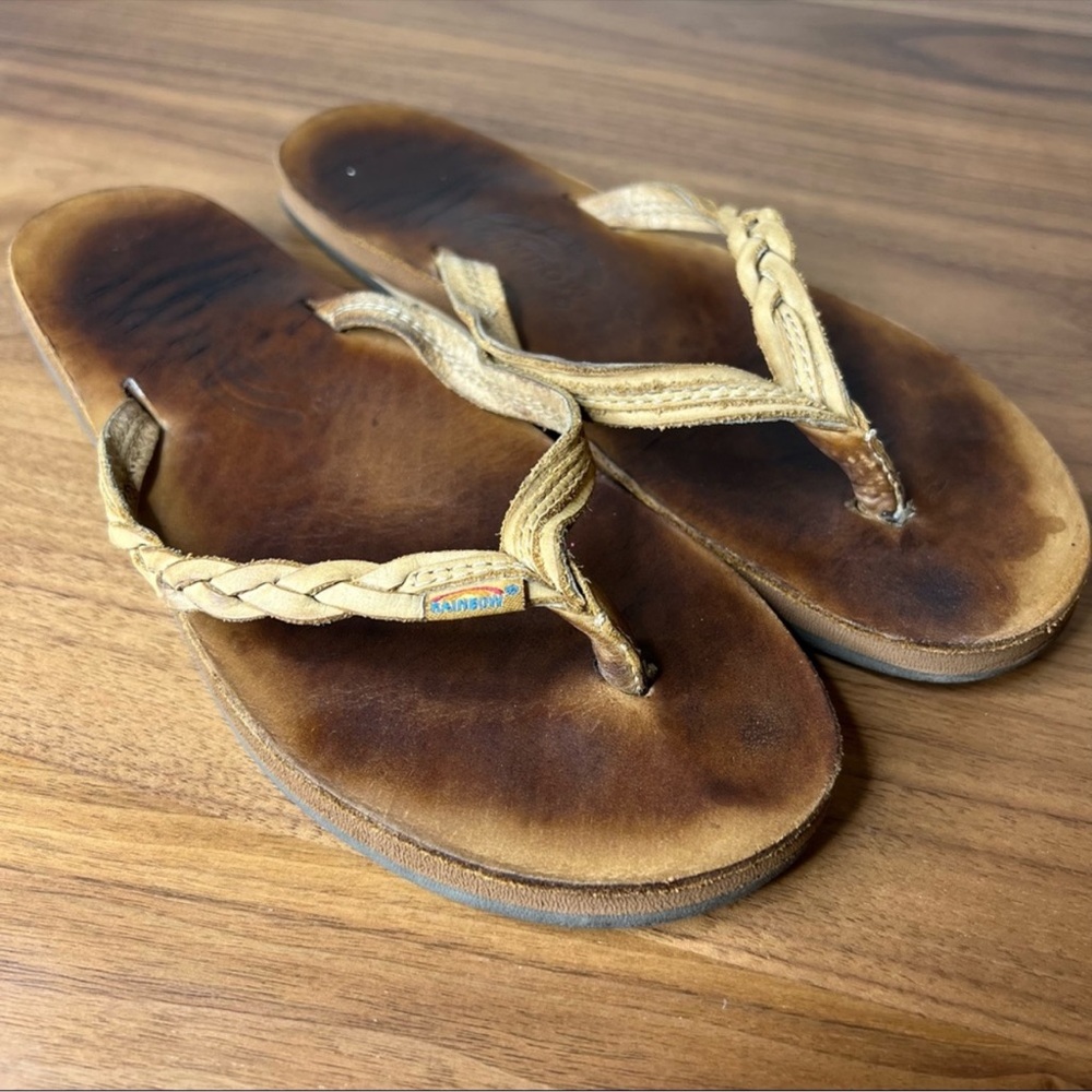 Rainbow Flirty Braidy Flip Flop Sandals Women's Large 7.5 - 8.5 | Brown Leather